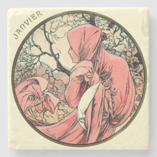 Dessous-de-verre En Pierre Calendrier Mucha Art Nouveau Janvier