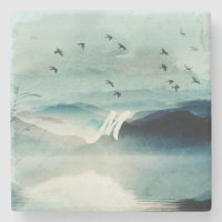 Calme Nature Aquarelle Montagne Scène Monogramme