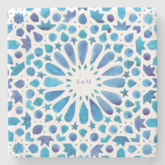 Dessous-de-verre En Pierre Carrelage bleu marocain Monogramme Mariage
