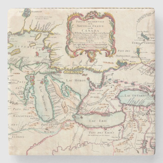 Dessous-de-verre En Pierre Carte antique des Great Lakes (Devant)