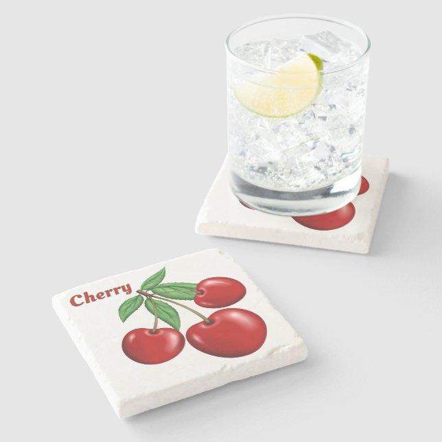 Dessous-de-verre En Pierre Cerises rouges Design personnalisé (Côté)