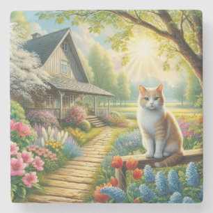 Dessous-de-verre En Pierre Chalet de printemps/jardin & chat