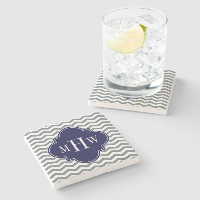 Dessous-de-verre En Pierre Charcoal Thin Chevron Navy Quatrefoil 3 Monogramme (Côté)