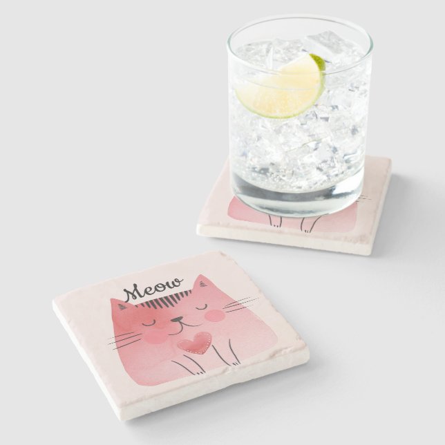 Dessous-de-verre En Pierre Chat Coeur rose Fille (Côté)