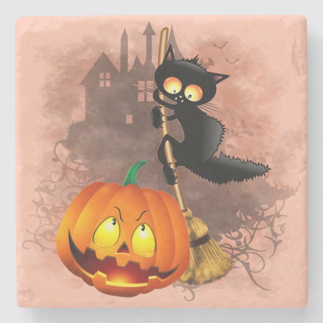 Dessous-de-verre En Pierre Chat effrayé par Citrouille Fun Halloween caractèr (Devant)