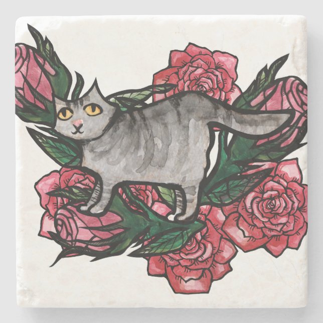 Dessous-de-verre En Pierre Chat gris Roses Chats gris (Devant)