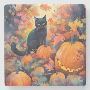 Dessous-de-verre En Pierre Chat noir d'Halloween avec la peur Citrouille