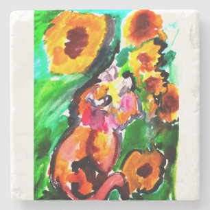 Dessous-de-verre En Pierre Chat orange et tournesols