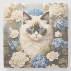 Dessous-de-verre En Pierre Chat Ragdoll Avec Fleurs Bleues D'Hydrangée