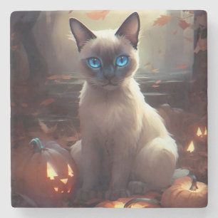 Dessous-de-verre En Pierre Chat siamois d'Halloween avec citrouilles effrayan