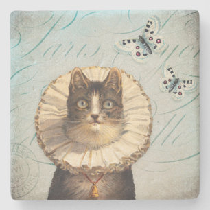 Dessous-de-verre En Pierre Chat vintage avec le collier et les papillons de