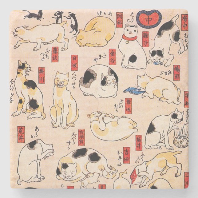 Dessous-de-verre En Pierre Chats japonais par Utagawa Kuniyoshi (Devant)