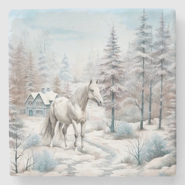 Dessous-de-verre En Pierre Cheval hiver scène neige forêt Noël (Devant)