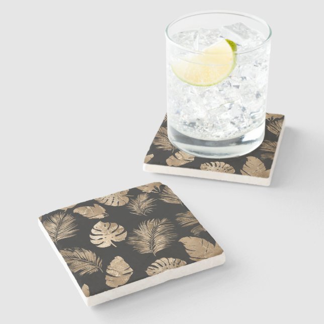 Dessous-de-verre En Pierre Chic Black Gold Tropical Feuilles (Côté)