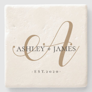 Dessous-de-verre En Pierre Chic Gold A Monogramme Nom du script Mariage Date