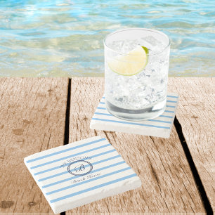 Dessous-de-verre En Pierre Chic Monogram Blue Stripes Nom de famille Beach Ho