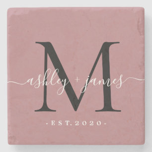 Dessous-de-verre En Pierre Chic Monogramme Nom écrit Date de mariage Rose Pou