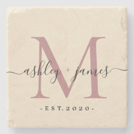 Dessous-de-verre En Pierre Chic Monogramme Noms Script Date de Mariage Ivoire