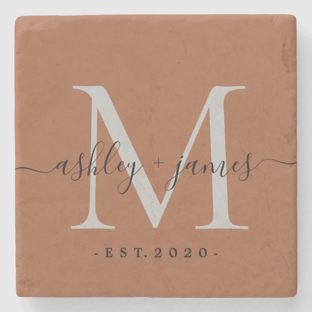 Dessous-de-verre En Pierre Chic Monogramme Script TerraCotta Noms Mariage Dat (Devant)