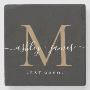 Dessous-de-verre En Pierre Chic Noms Monogramme Script Or Mariage Date Noir