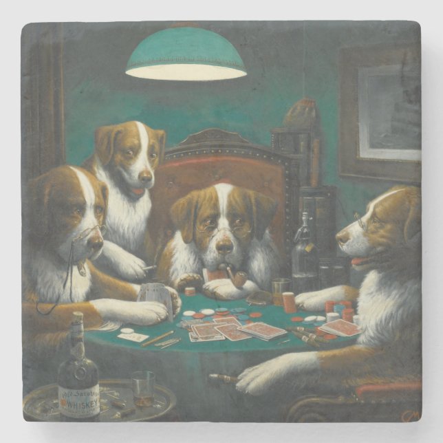 Dessous-de-verre En Pierre Chiens de St Bernard Jouant au Poker (Devant)