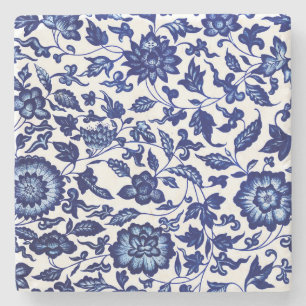 Dessous-de-verre En Pierre Chinois bleu marine foncé motif floral sur blanc