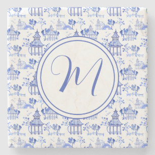 Dessous-de-verre En Pierre Chinoiserie Aquarelle Pagode Motif Monogramme