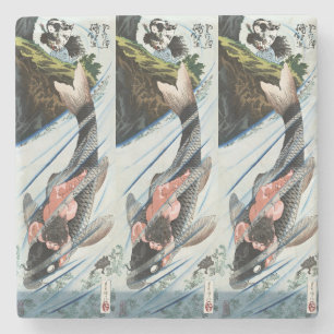Dessous-de-verre En Pierre Chinoiserie Carpes Koï Cascade Art Japonais