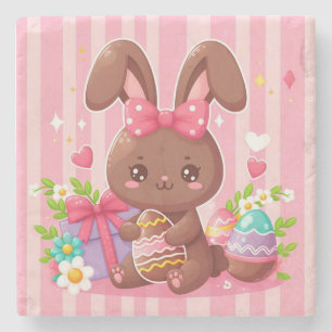 Dessous-de-verre En Pierre Chocolat mignon lapin de Pâques avec rayures roses