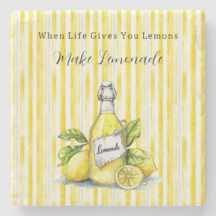 Dessous-de-verre En Pierre Citron Jaune Rayures Blanches Limonade