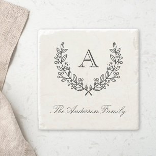 Dessous-de-verre En Pierre Classic Laurel Wreath Nom de famille Monogramme
