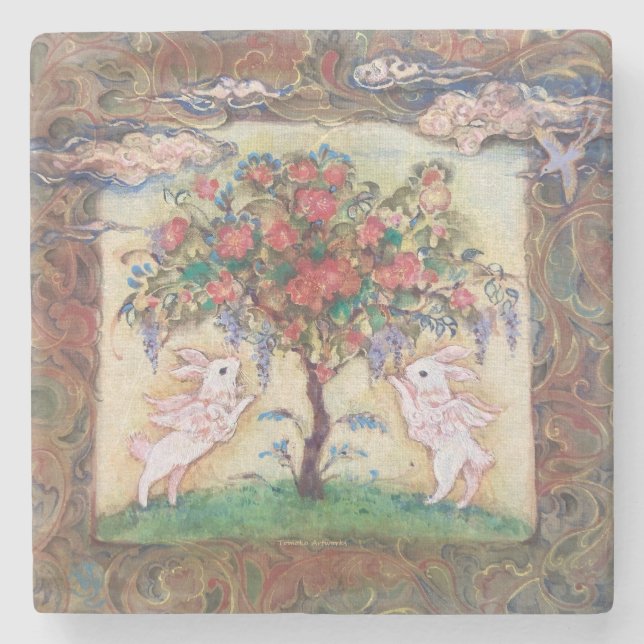 Dessous-de-verre En Pierre Cloud Rabbits & Tree of Life (Devant)