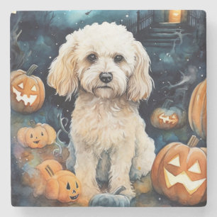Dessous-de-verre En Pierre Cockapoo d'Halloween avec citrouilles effrayant 