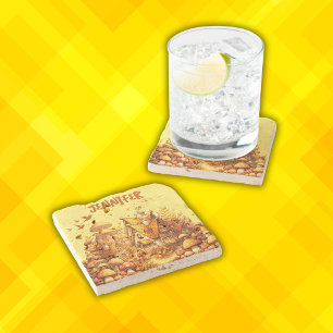 Dessous-de-verre En Pierre Coeur de chalet d'or monogramme sur jaune  