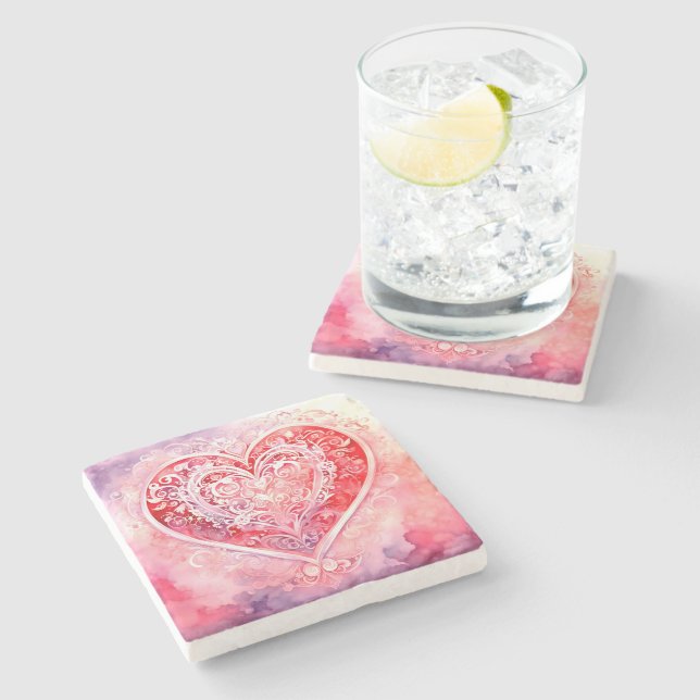 Dessous-de-verre En Pierre Coeur design rose (Côté)