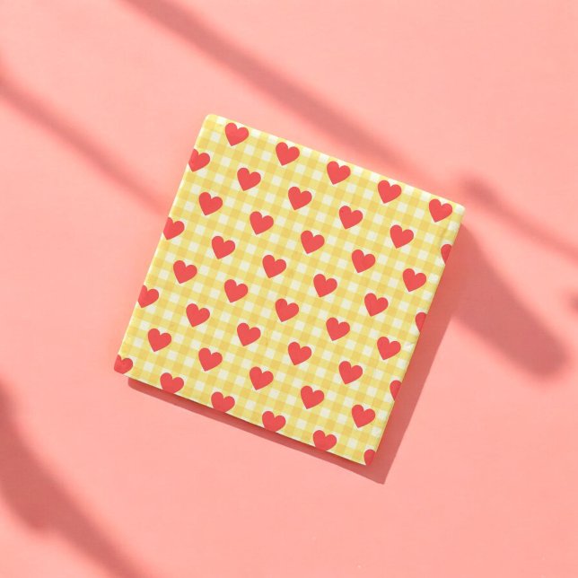 Dessous-de-verre En Pierre Coeur rouge Jaune En vichy Saint Valentin (Red Heart Yellow Gingham Valentine's Day Stone Coaster)