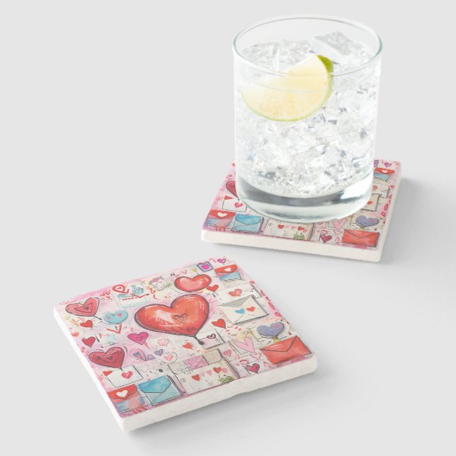 Dessous-de-verre En Pierre Coeurs lunaires et lettres d'amour Motif (Côté)