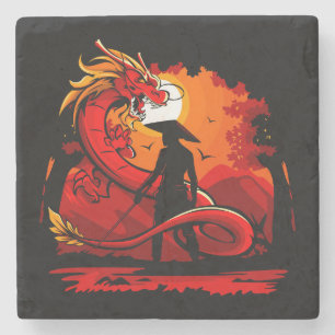 Dessous-de-verre En Pierre Cool et coloré Samurai Guerrier avec Dragon