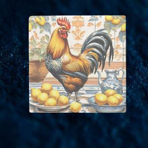 Dessous-de-verre En Pierre Coq et citrons style Azulejo bleu orange crème