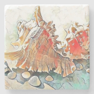 Dessous-de-verre En Pierre Coquillages orange sur peinture d'aquarelle de pla