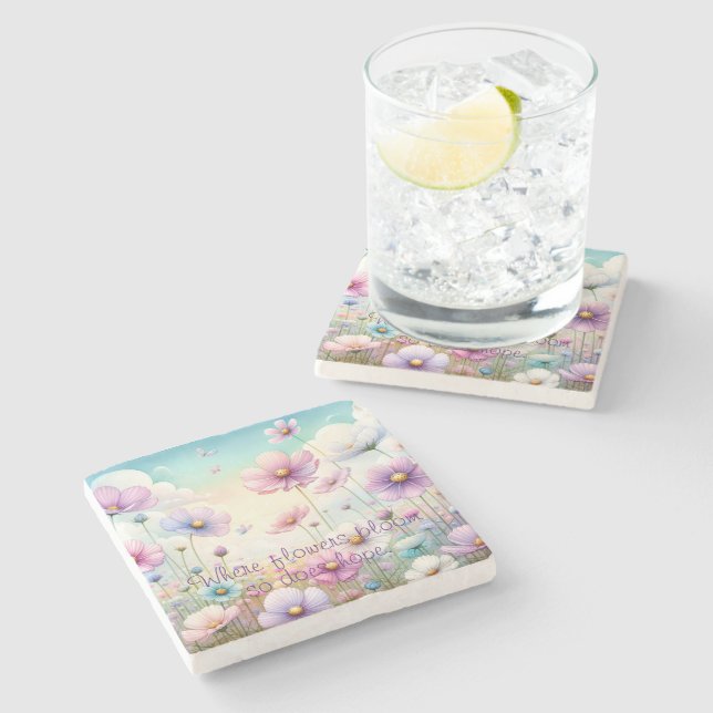 Dessous-de-verre En Pierre Cosmos Flowers & Quote (Côté)