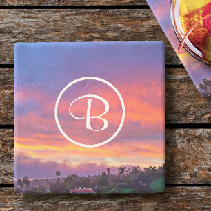 Dessous-de-verre En Pierre Coucher de soleil bleu rose personnalisé monogramm