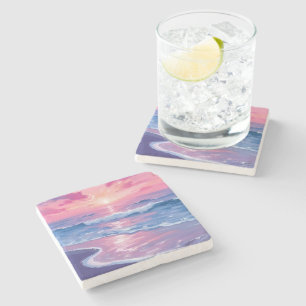 Dessous-de-verre En Pierre Coucher de soleil océanique rose vague aquarelle