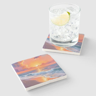 Dessous-de-verre En Pierre Coucher de soleil orange plage océan peinture arti