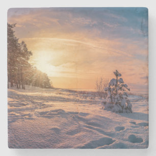 Dessous-de-verre En Pierre Coucher de soleil sur la côte de la mer d'hiver