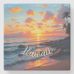 Dessous-de-verre En Pierre Coucher de soleil sur la côte de voyage hawaïen de