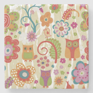 Dessous-de-verre En Pierre Couleur florale et hibou