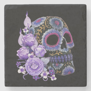 Dessous-de-verre En Pierre Crâne de sucre noir violet Floral Jour des morts