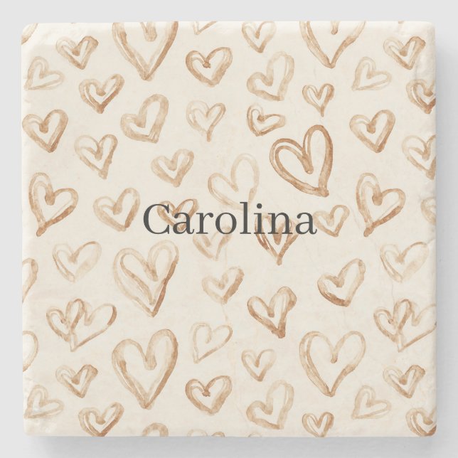 Dessous-de-verre En Pierre Cream Brown Hearts Valentine's Day (Devant)