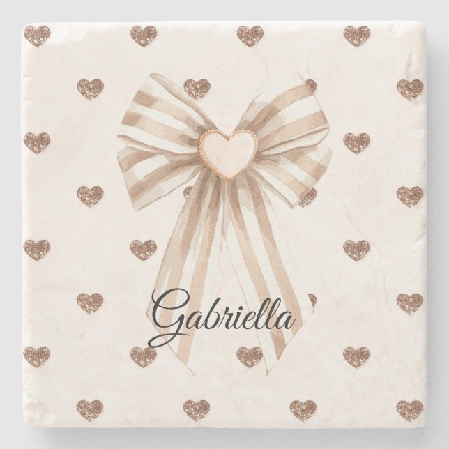 Dessous-de-verre En Pierre Cream Cocoa Bow Blush Pink Glitter Hearts (Devant)